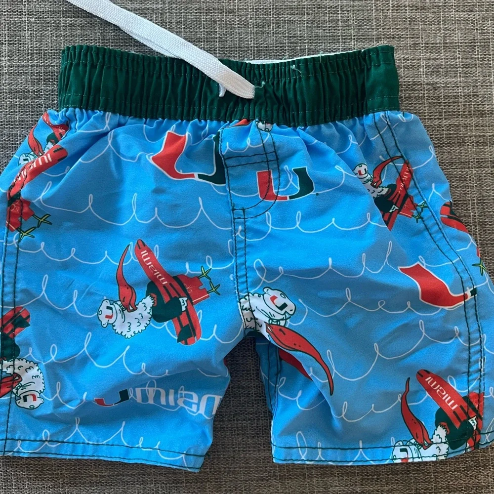 Kids Blue Llama Surf Swim Trunks with Green Waistband